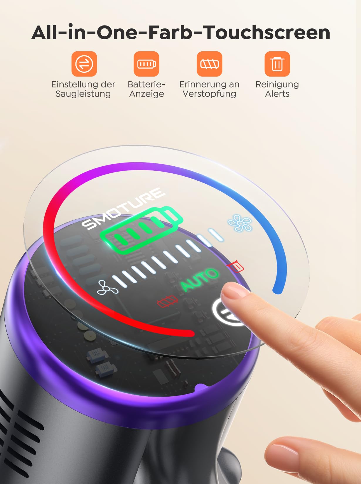 Aspiradora sin Cable 450W/40KPA, 55 Minutos de Autonomía, Aspirador Vertical, Modo Automático, Aspirador Escoba sin Cable Potente, Luz LED Cepillo, Pantalla Táctil LCD, Ideal para Suelos y Alfombras