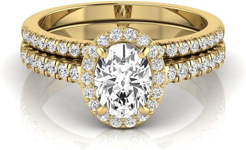 IGI Certified 1.65 Carat Oval Lab Grown Diamond (1 Ct, E, VS1) Halo Bridal Wedding Ring Set For Womens 14K Gold