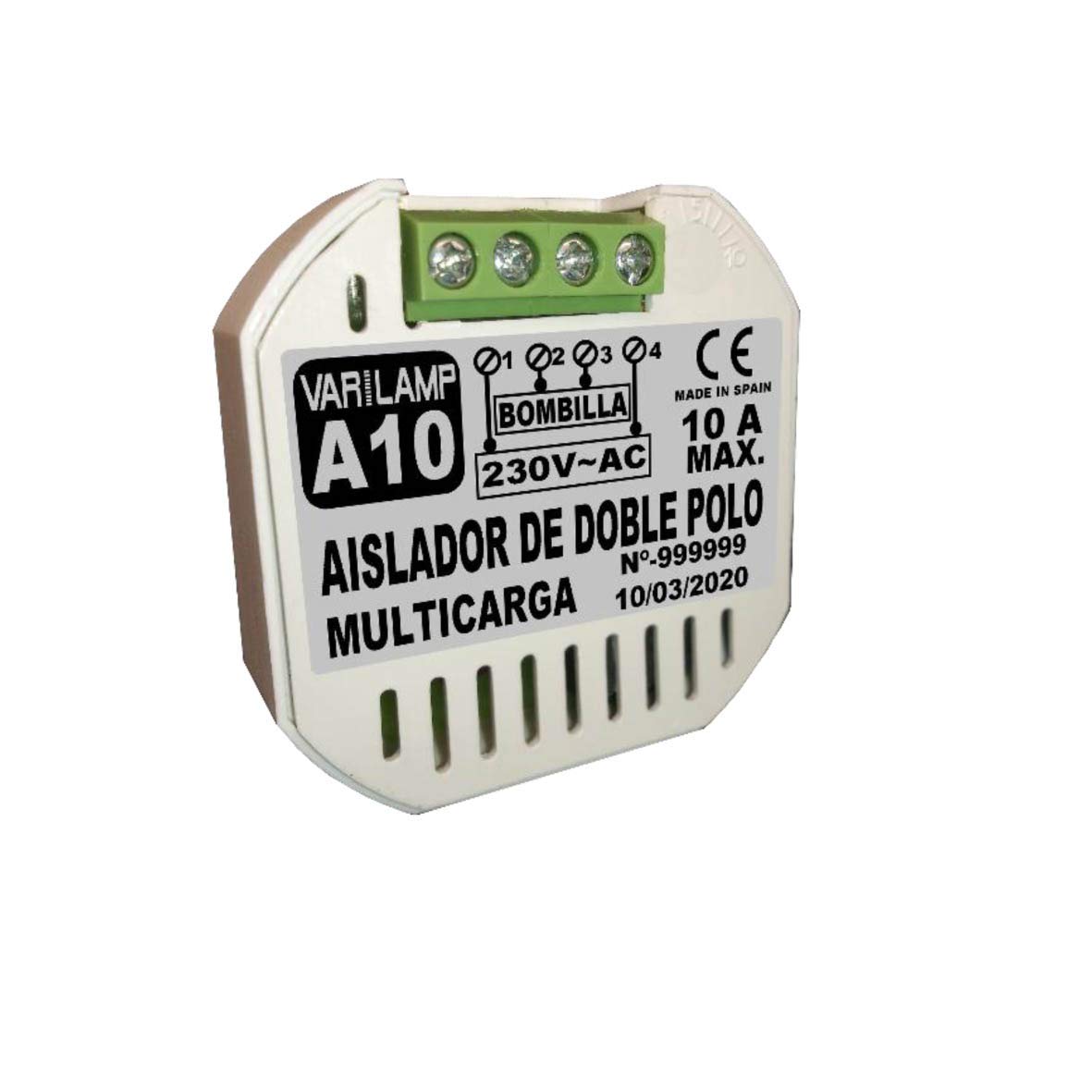 A10. Aislador de doble polo que evita por completo encendidos residuales en LED o cualquier lámpara. 230VAC. 2000W Máx.