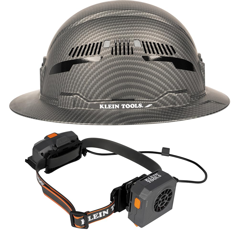 Klein Tools 80171 Hard Hat Set with Class C Vented Hard Hat, KARBN Design, Rechargeable Portable Cooling Turbo Fan with Lithium-ion Battery, 3-Piece