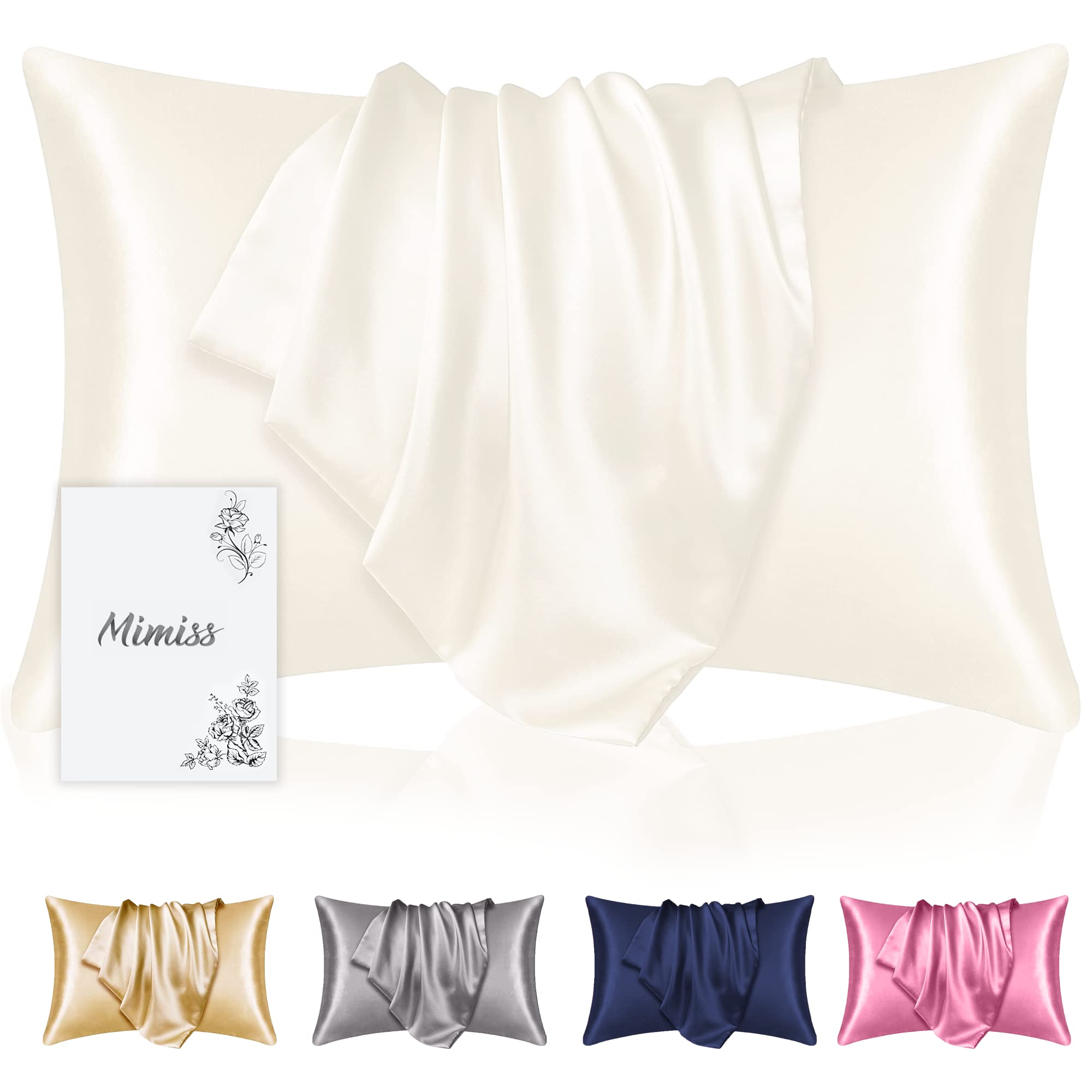 Mimiss Silk Pillowcases 2 Pack Soft & Luxurious Fabric Satin Pillowcase, Prevents Frizzy Hair, Tangling & Wrinkles – Silver Silk Pillow Cases 2 Pack for Hair and Skin (White)