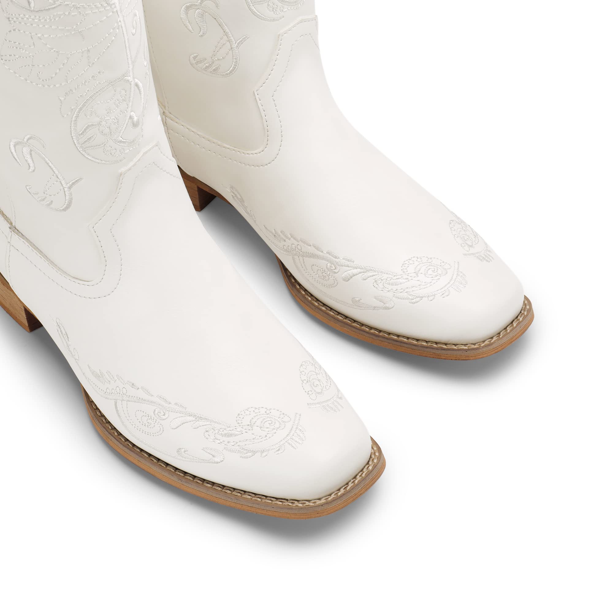 DREAM PAIRS Women's SDMB2220W Cowboy Boots Mid Calf Cowgirl Boots Embroidery Stitched Square Toe Western Boots,White,Size 6.5