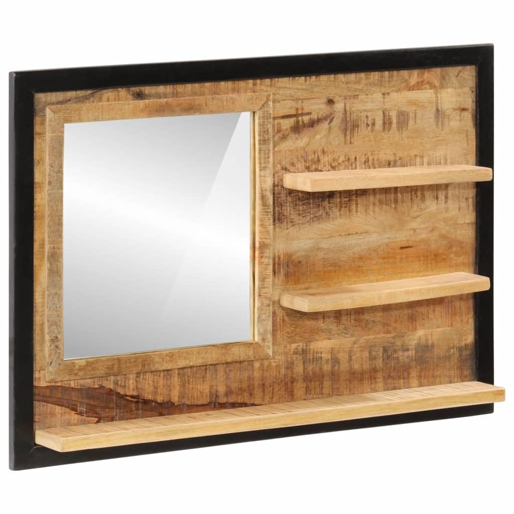 Spiegel mit Ablagen aus Glas und massivem Mangoholz 80x8x55 cm Wandspiegel für Badezimmer, Schlafzimmer, Flur und Diele, Stauraum für Kosmetik und Rasur