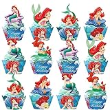 The Little Mermaid Cake Cupcake and Wrappers Paper Decoration Supplies The Little Mermaid Cupcake Topper for Kids Birthday Party (Blcak)