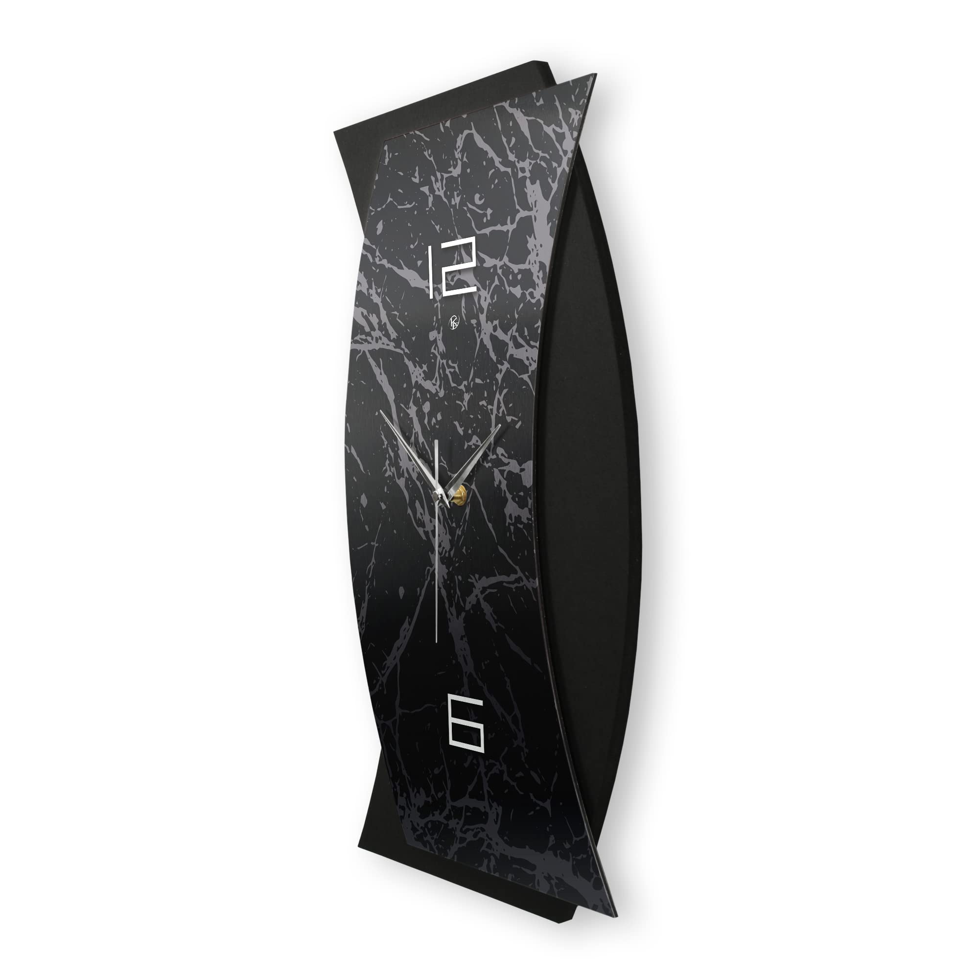 Kreative Feder 3D Designer-Wanduhr abstrakte Funkuhr 50x28cm Schwarz in modernem Metallic-Look ohne Tickgeräusche (Dark Pattern, leises Funkuhrwerk)