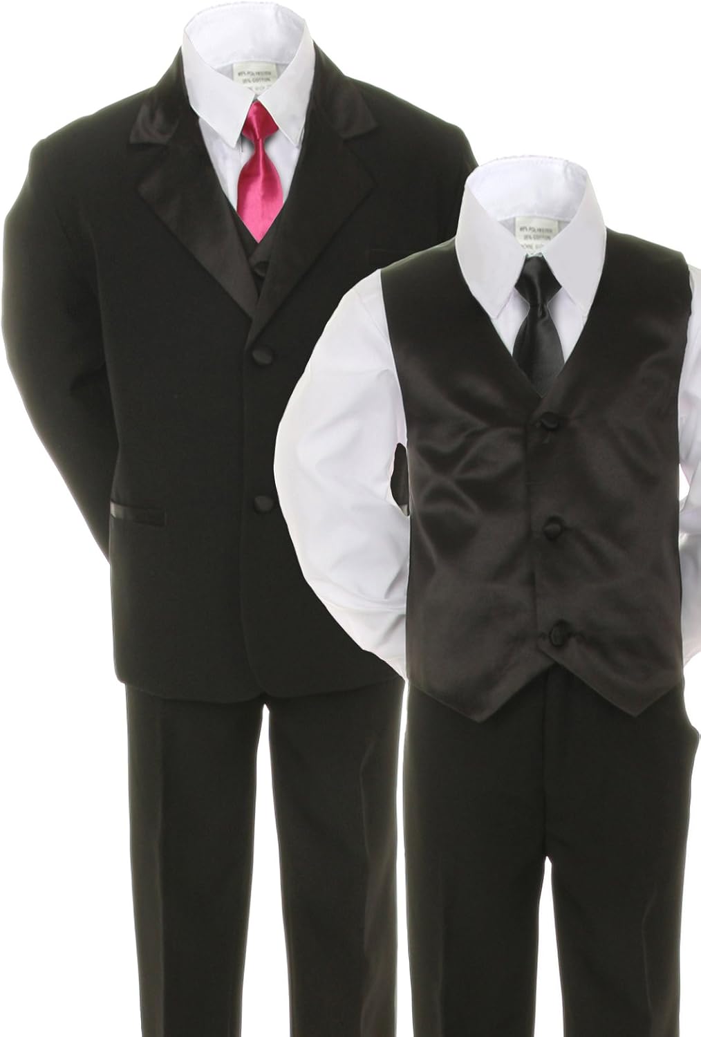 6pc Boys Black Suits Tuxedo Satin Fuchsia Pink Necktie Vest Set Baby Teen