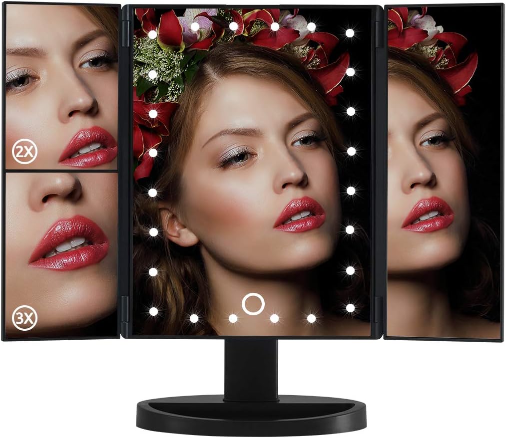 YOUDENOVA Makeup Vanity Mirror with Adjustable Light, Led Lighted Mirror with 3X/2X Magnifying and Dual Power Supply, Touch Control Design, 180 Degree Rotation, Portable Fold Cosmetic Mirror