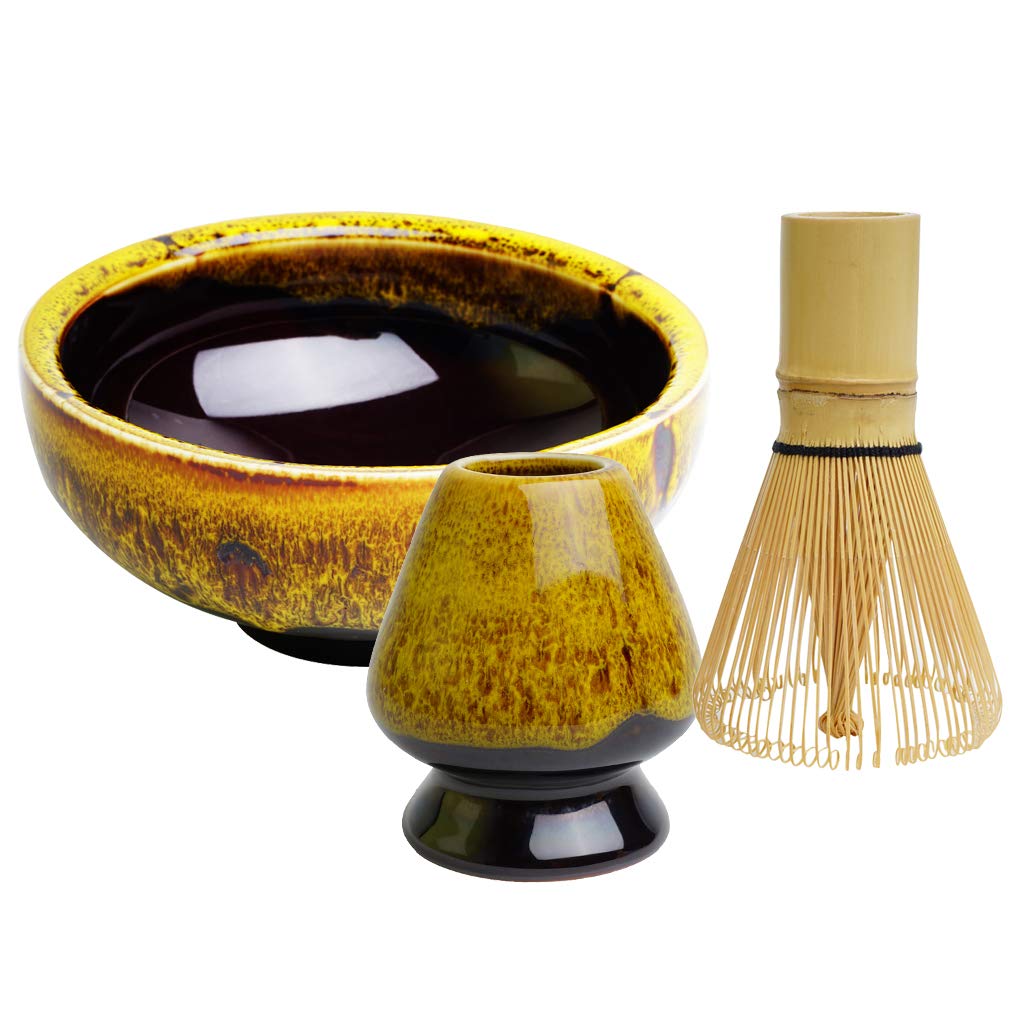 Matcha Bowl+Matcha Bamboo Whisk Tool+ Whisk Stand Matcha Ceremony Starter Kit fit for Traditional Japanese Tea Ceremony Yellow