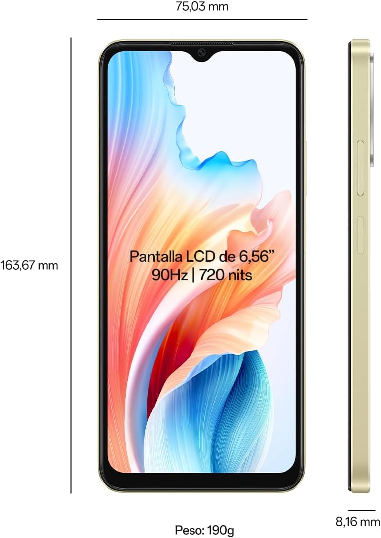 Front view of OPPO A38 with dimensions