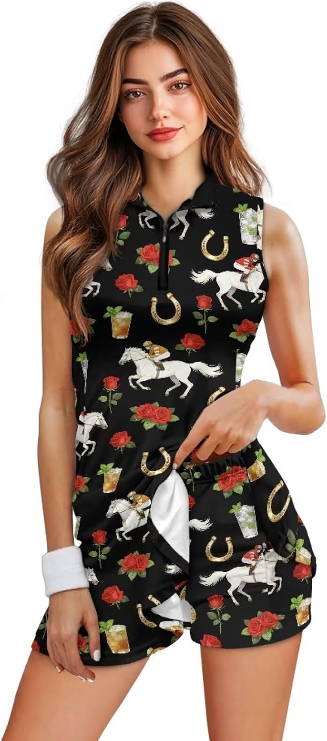 Women's Golf Dress with Shorts 2 Pieces Sleeveless Quarter Zip Tennis Dress Athletic Golf Outfits XS-2XL