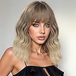 Ucubb Short Curly Wig with Bangs for Women 14 Inches Wavy Bob Wig Synthetic Heat Resistant Fiber Wigs (RT4/10/60)
