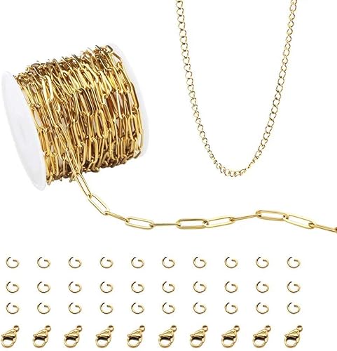 Cadena de clip de acero inoxidable chapada en oro de 18 quilates de 16.4 pies, kit de fabricación de joyas para adultos y adolescentes, unisex,