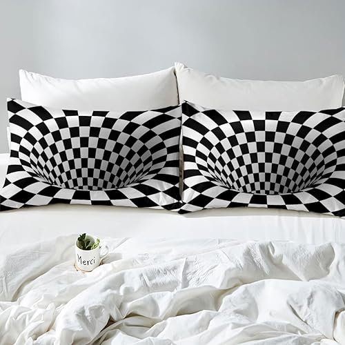 Miniatura 6 de Op Art - Juego de ropa de cama tamaño Queen, funda de edredón de cuadrícula negra y blanca para niños y niñas, juego de funda de edredón con arreglo
