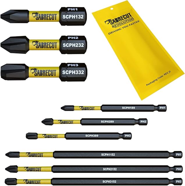 9 x SabreCut SCRK9PH 32mm 89mm 152mm PH1 PH2 PH3 Magnetic Impact Screwdriver Driver Bits Set Phillips Heavy Duty Compatible with Dewalt Milwaukee Bosch Makita and More