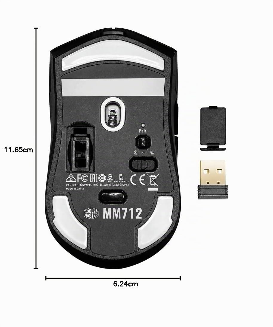 Cooler Master MM712 RGB-LED Souris Gaming sans Fil/Hybride Ultralégère 59g - Capteur Optique 19K DPI, Switches Optiques 70 Millions de Clics, MasterPlus+ (38K DPI, PC Seulement) - Noir