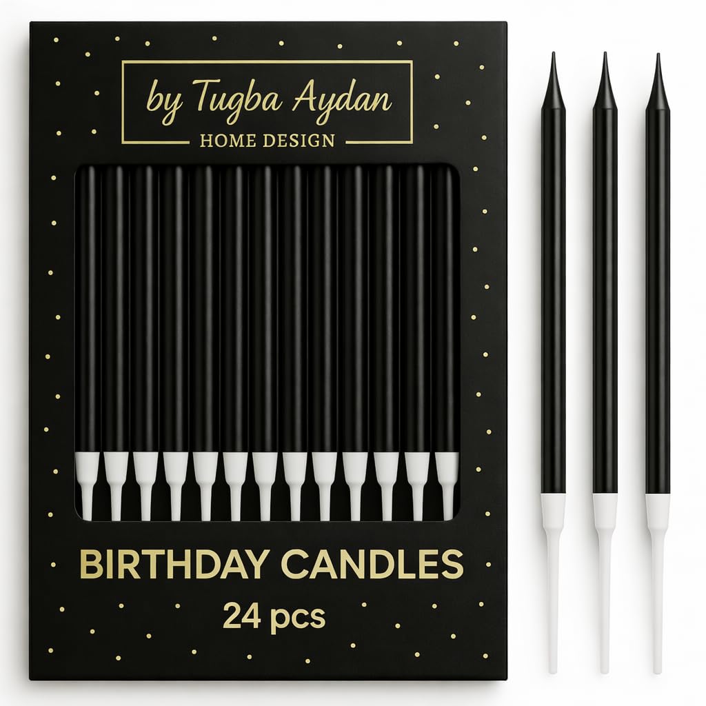 by Tugba Aydan - 24 Count Long Thin Black Birthday Candles, Metallic Cake Candle for Birthday, Party Candles