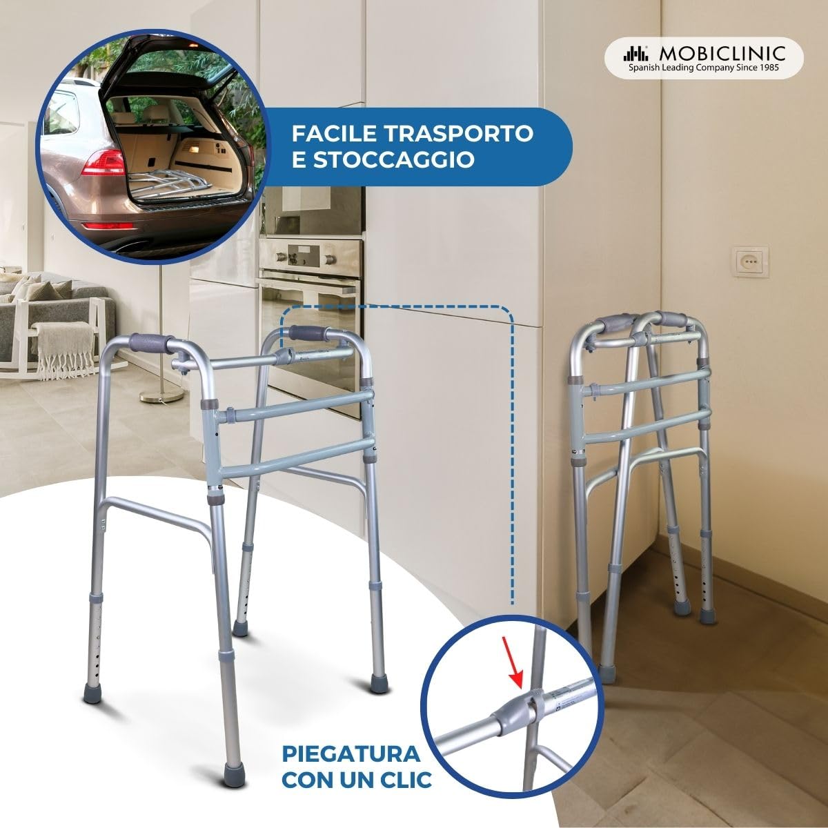Mobiclinic®, Deambulatore Pieghevole, Senza Ruote, Mezquita, Ausilio per la Mobilità, Estremità Antiscivolo, Altezza Regolabile, Pieghevole, Alluminio, Ultraleggero, Sicuro, Peso Massimo 100 kg