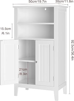 BOTLOG Wooden Floor Cabinet, Bathroom Storage Cabinet with 2 Doors and Adjustbale Shelf, Freestanding Entryway Storage Unit Console Table for Kitchen Bathroom, White