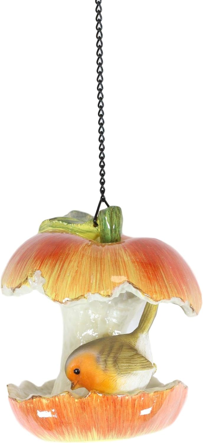 Ebros Sweet Red Apple Fruit with Perching Finch Bird Feeder Platform Hanger with Dropdown Chains Cottage Cabin Lodge Fruity Theme Decorative Tree Hanging Patio Balcony Outdoors Accent Figurine