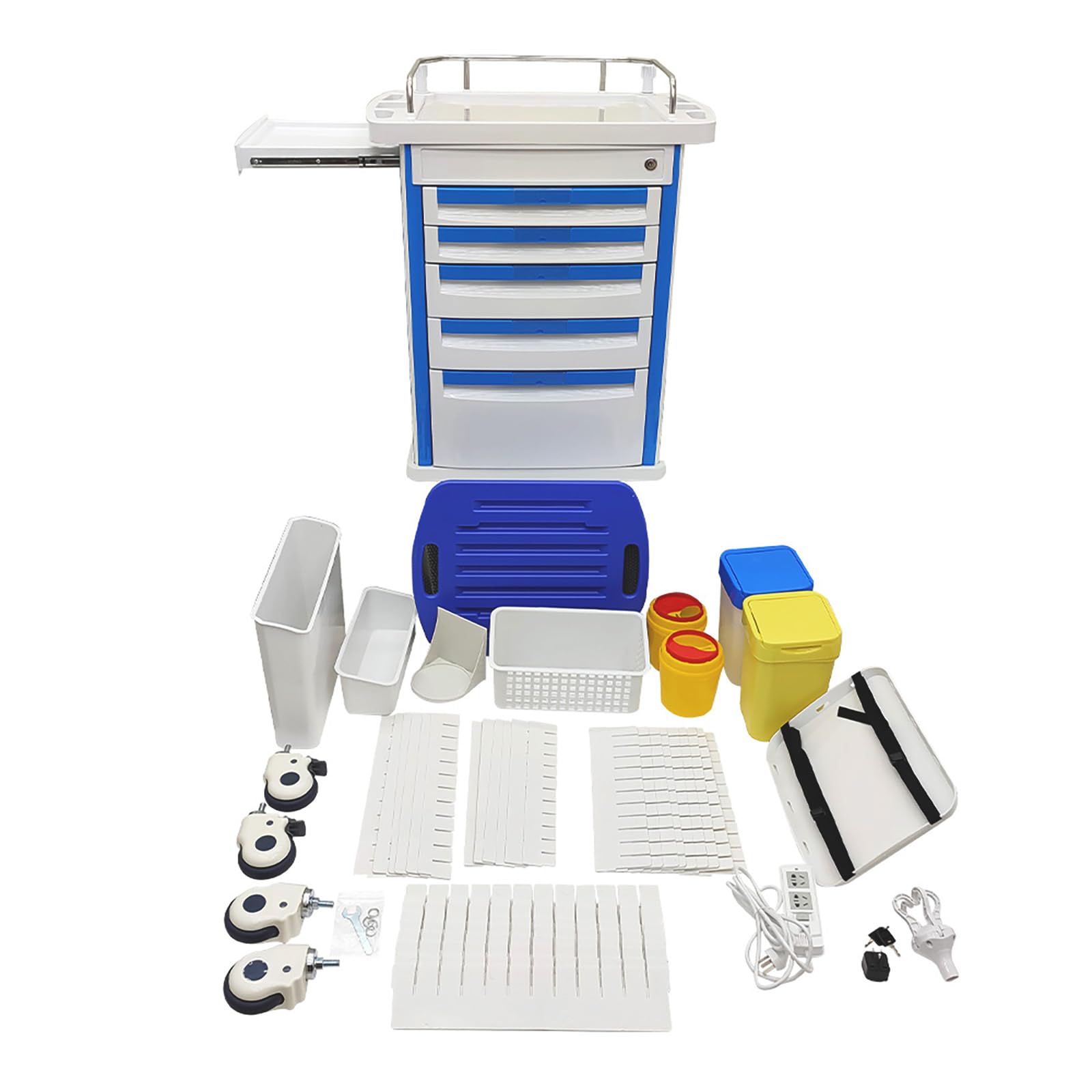 WYDDDARY Emergency Crash Cart Medical Emergency Vehicle with Drawer Infusion Stand Mobile Medication Cart Mobile Utility Cart Trolley with Lock Net Basket and Two Trashs