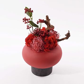 Artificial Flora Dry Red Flower Floral Arrangement in Chiness Element Vase Silk Fake Flowers Combine with Berry for Indoor Outdoor Wedding Home Office Decoration Festive Furnishing Color