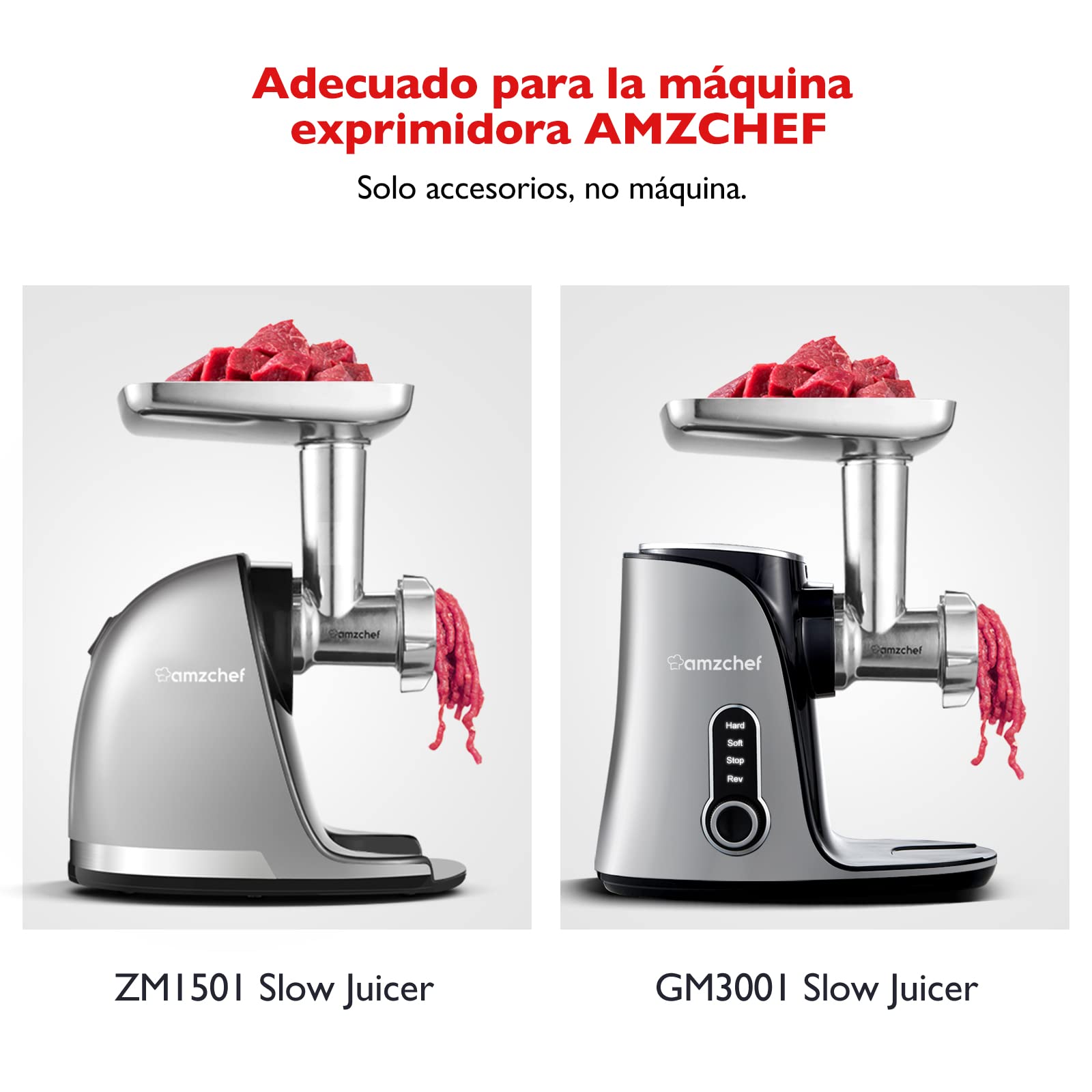 AMZCHEF Accesorios para picadora de carne para extractores de zumo - Accesorios para ZM1501 y GM3001-3 tubos para rellenar salchichas, 3 cuchillas de rectificado, 4 placas de molienda - sin maquina