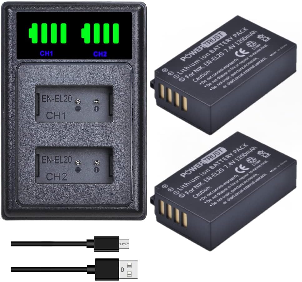 2-Pack EN-EL20 EN-EL20a Battery and LED Dual Charger for Nikon P1000, Coolpix P950, 1 J3, J1, 1 j1, 1 J2, 1 AW1, 1 V3, Coolpix A Camera