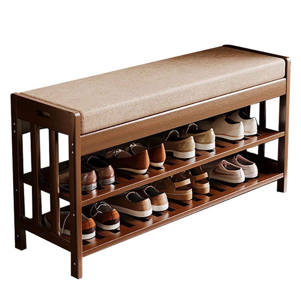 MSHGSKU Bamboo Shoe Bench, Entryway Storage Bench with Padded Seat, Stable Shoe Shelf, Holds up to 80 kg, Perfect for Indoor Entrance Hallway, 27CM Height