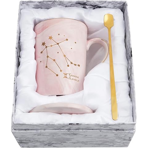 YHRJWN - Gemini Gifts for Women, Gemini Zodiac Sign Star Coffee Mug, Gemini Gifts for Girls Woman Friends, May June Birthday Gifts for 12 Horoscope Astrology Lovers, 14 Oz Pink Cup with Gift Box