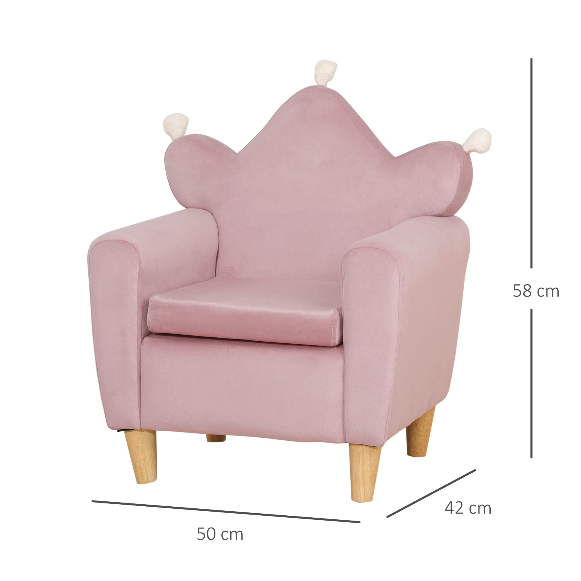 HOMCOM Poltrona per Bambini con Schienale a Corona e Imbottitura Spessa, Poltroncina per Bambini in Tessuto Effetto Velluto e Legno, 50.2x41.9x57.8 cm, Rosa
