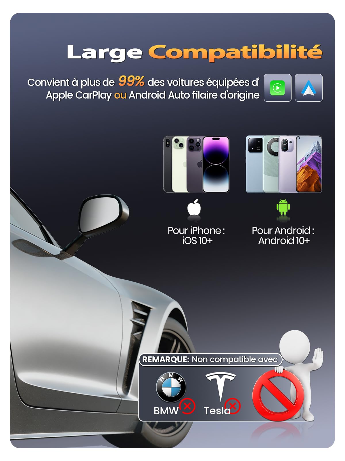 Mini Adaptateur CarPlay sans Fil & Android Auto sans Fil, Fibre de Carbone, Métal USB-A/C, Version Stable, Plug & Play, Voitures 2016+, Compatible avec Apple iPhone (iOS 10+) et Android 10+