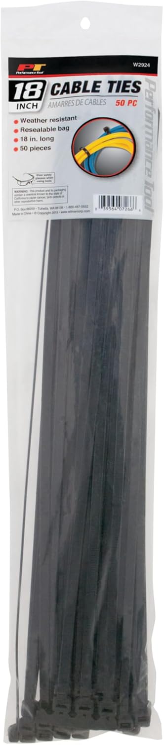 Performance Tool W2924 50pc 18-Inch Cable Tie, Black With Tensile Strength 120 Lbs