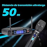 Vista 4 de BOMGE Sistema de micrófono inalámbrico, juego de micrófono inalámbrico Pro de 4 canales con cuatro micrófonos de mano, frecuencia fija, largo