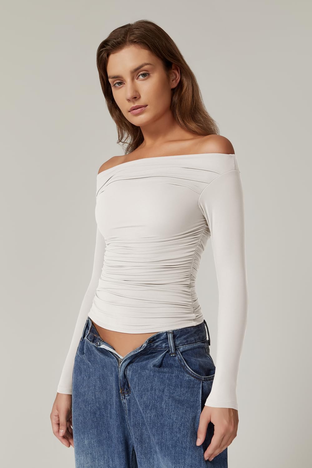 QINSEN Womens Off Shoulder Long Sleeve Tops Ruched Going Out Crop Slim Fitted Double Lined Shirts - Image 3