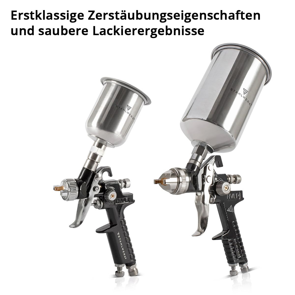 STAHLWERK HVLP Lackierpistolen-Set mit Mischbechern, Lackier-Set SGS-1125ST | Mit 3 Druckluft Lackierpistolen 0,8/1,4/1,7 mm Düsensatz, robuster Aluminium-Koffer, Mischbecherset 25-teilig, 650 ml