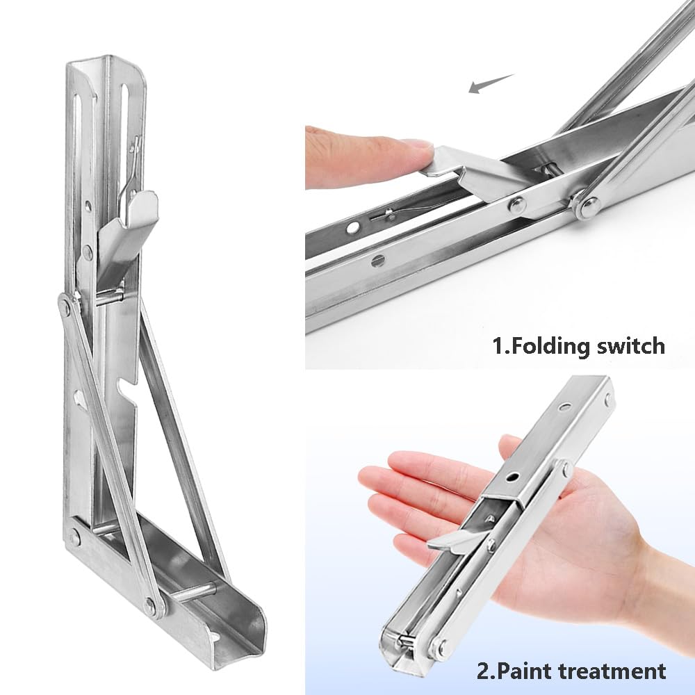 Hocansen 2Pcs Stainless Steel Foldable Brackets L Shelf Collapsible Brackets Silver Wall Mounted Shelf Bracket Max Load 132 lb Collapsible Shelf Bracket for Table Bookcase (ZDJ/Silver 200mm) - Image 3