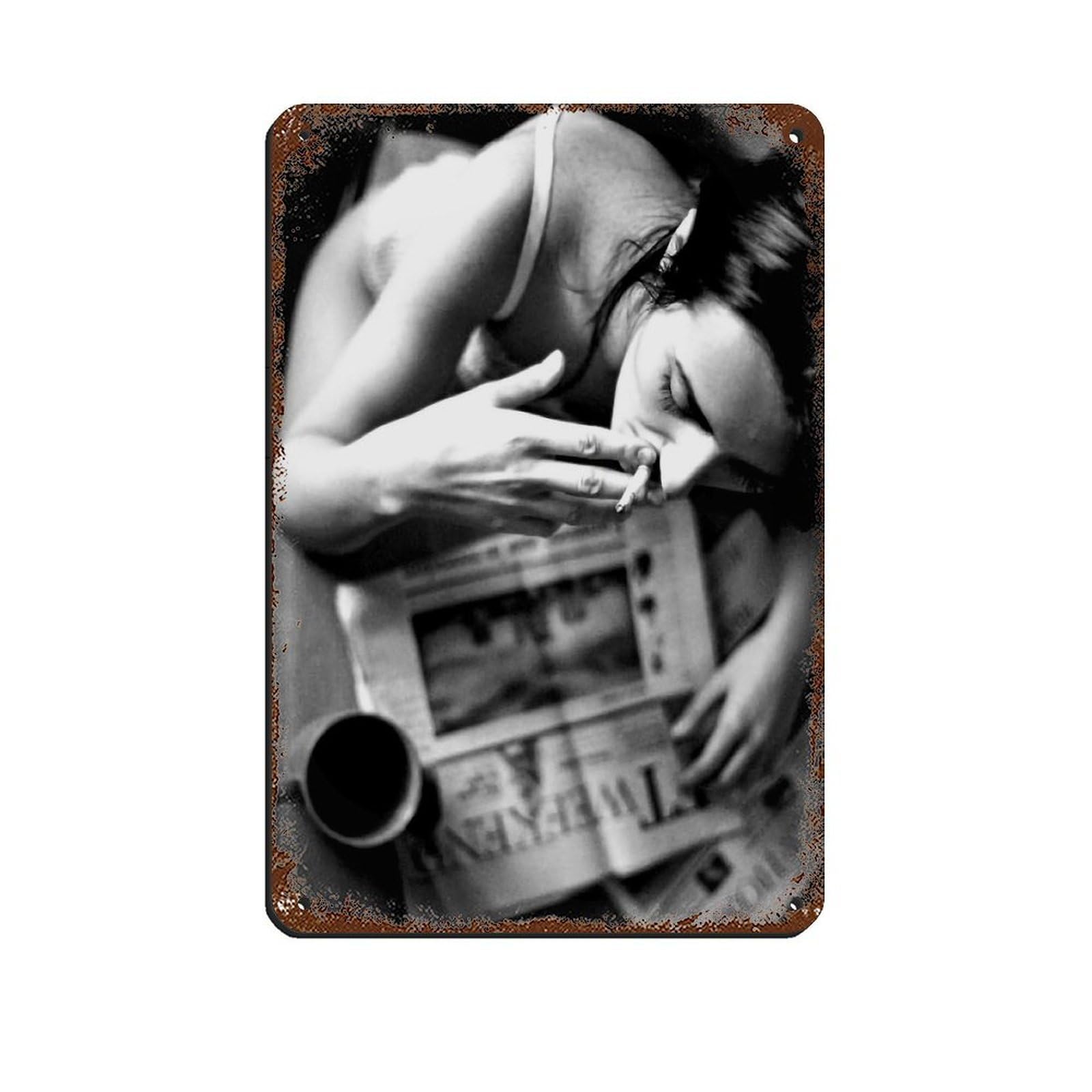 Woman Smoking & Reading Newspaper Retro Poster Metal Tin Sign Chic Art Retro Iron Painting Bar People Cave Cafe Family Garage Poster Wall Decoration 8x12inch(20x30cm)
