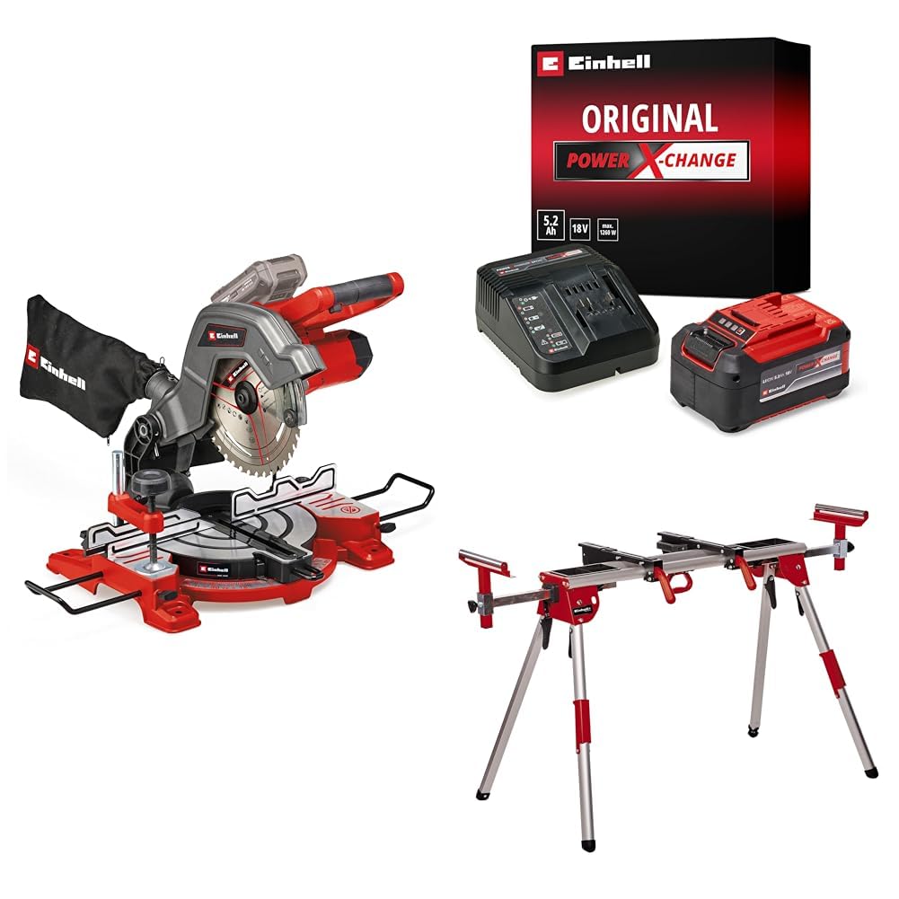 Einhell TE-MS 18/8 Li - Solo Akülü Gönye Testere + 18V 5,2 Ah PXC Starter-Kit (Başlangıç Seti), Akü ve Şarj Cihazı + MSS 1610, Gönye Kesme Standı