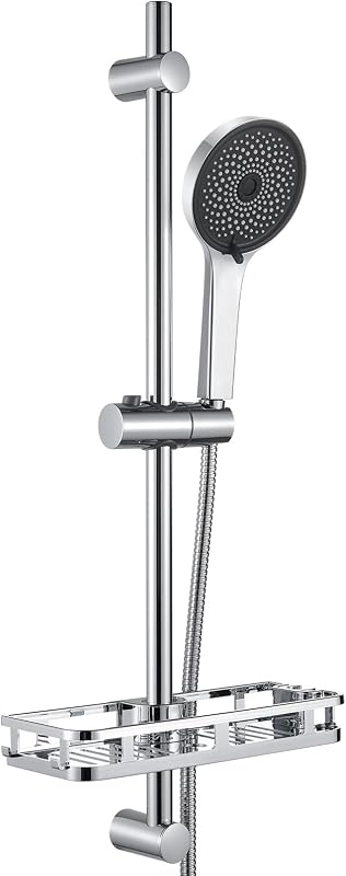 Auralum Barra de Ducha de Acero Inoxidable 70cm con Estante y Alcachofa de Ducha 5 Modos, Columna Ducha Sin Grifo Soporte Ajustable y Flexo Inoxidable de 150cm, Compatible con Orificios Existentes