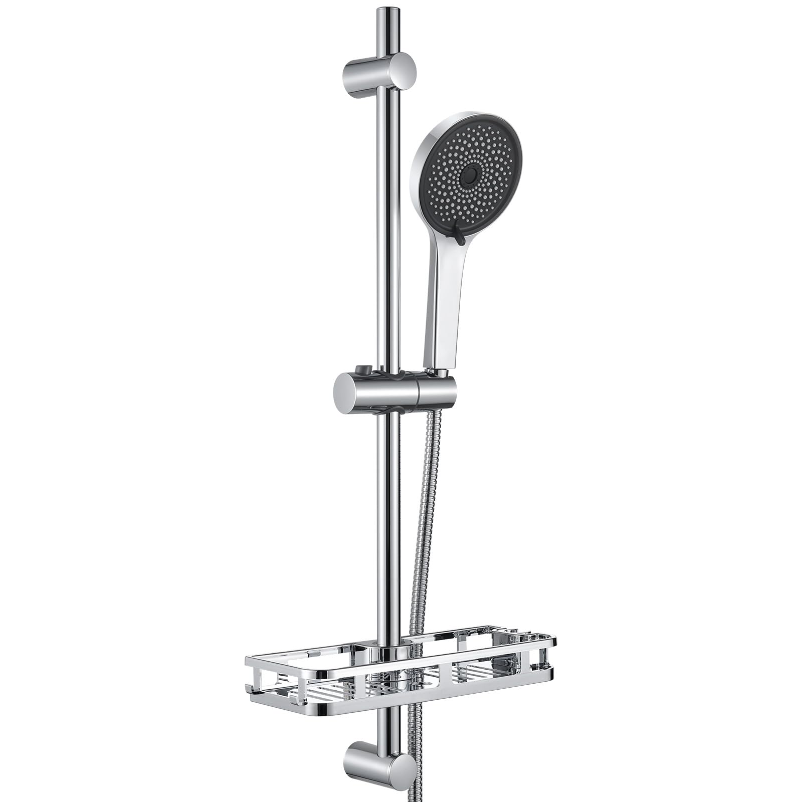 Auralum Barra de Ducha de Acero Inoxidable 70cm con Estante y Alcachofa de Ducha 5 Modos, Columna Ducha Sin Grifo Soporte Ajustable y Flexo Inoxidable de 150cm, Compatible con Orificios Existentes