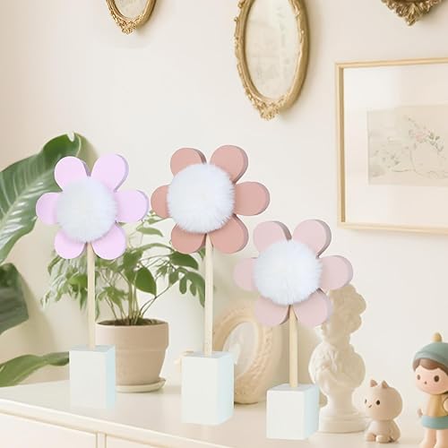 Miniatura 5 de Paquete de 3 unidades de decoración de estantes de margaritas, flores de madera con pompón, Pistil bohemio, decoración de habitación de bebé,
