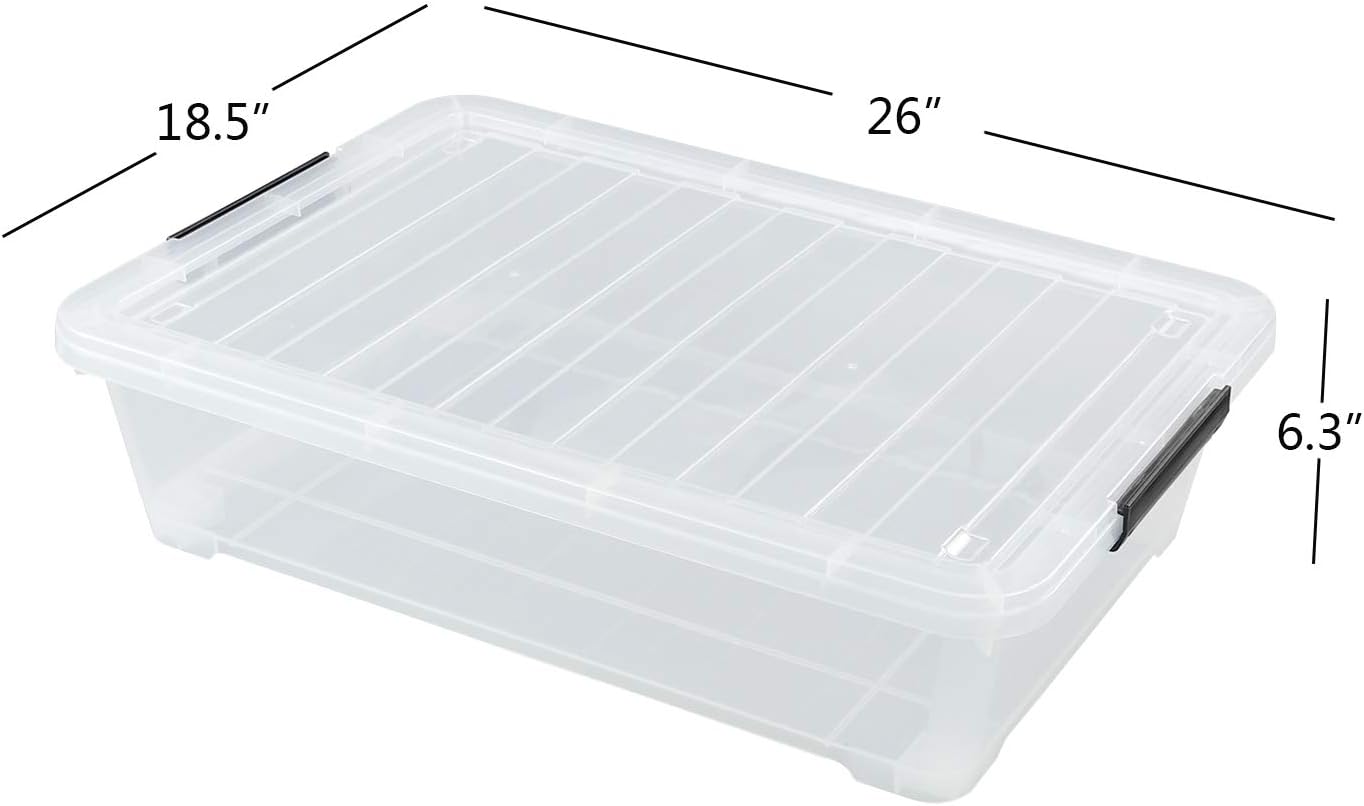 3-Pack Plastic Under Bed Storage Box Container, 40 Quart Clear Stackable Storage Box Wheeled Latching Box