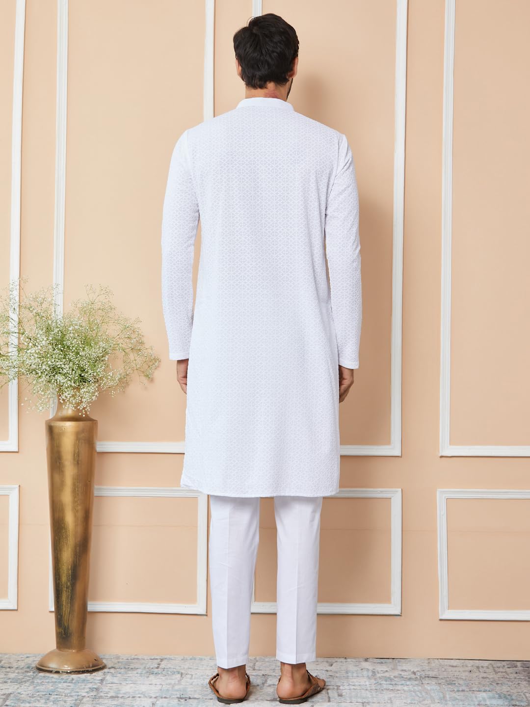 See Designs Men's Long Sleeve Mandarin Collar Side Slit White Embroidered Chikankari Pure Cotton Straight Kurta - Sdkt2566Xs