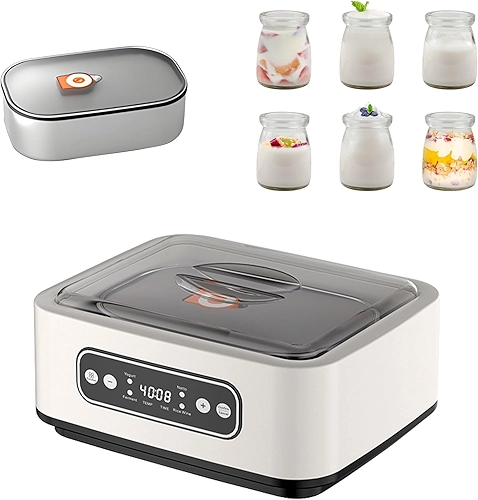Esta iogurteira de 1,7 litros possui tempo e temperatura ajustáveis, funciona com voltagem de 110V a 240V, tem função adaptativa e um visor LED para contagem regressiva em tempo real.