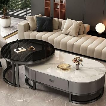 LAKIQ Oval Stone Nesting Coffee Table Set of 2 Living Room Center Table with Storage Drawer Glass End Table Side Table - Black/Grey - White/Black, 39.4"L x 19.5"W x 16"H + 27.5"L x 27.5"W x 18"H