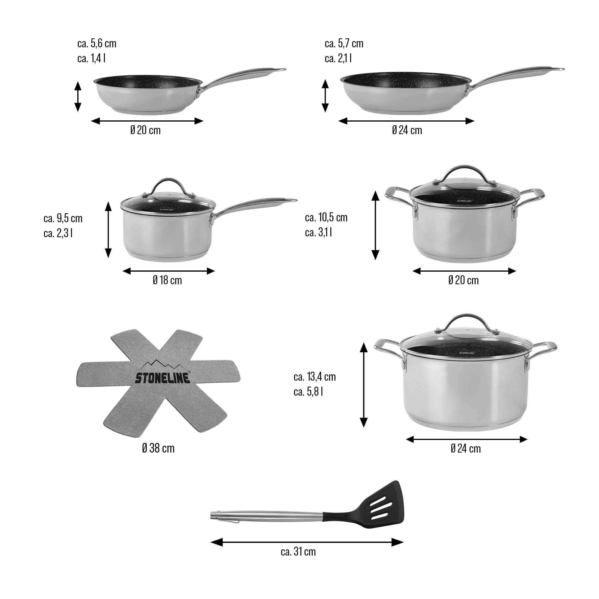 STONELINE PROFESSIONAL Batterie de cuisine en acier inoxydable 11 pièces 18/20/24 cm, poêle et casseroles en acier inoxydable avec couvercle, revêtement antiadhésif avec véritables particules de