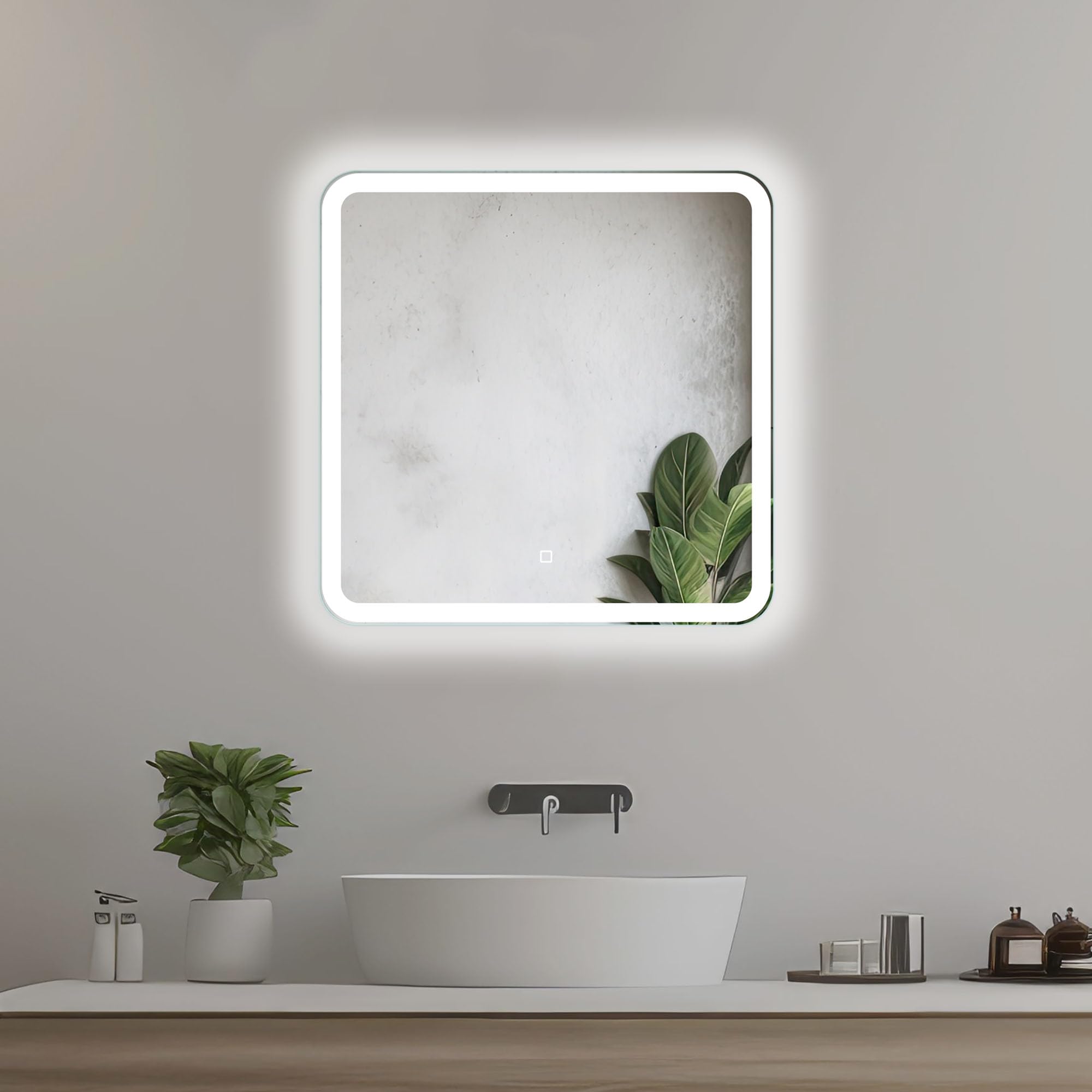60 cm Kwadratowe Lustro Łazienkowe z Oświetleniem LED Podświetlone Lustro z Włącznikiem Zaokrąglone Kwadratowe Lustro Łazienkowe z Naturalnym Białym Światłem Podświetlane z Przodu