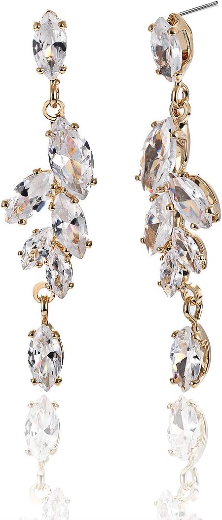 Cubic Zirconia Bridal Earrings - Sterling Silver Marquise Crystal Zircon Rhinestone CZ Cluster Floral Leaf Dangle Drop Earrings for Women Girls Wedding Party Prom Bride Bridesmaids Jewelry