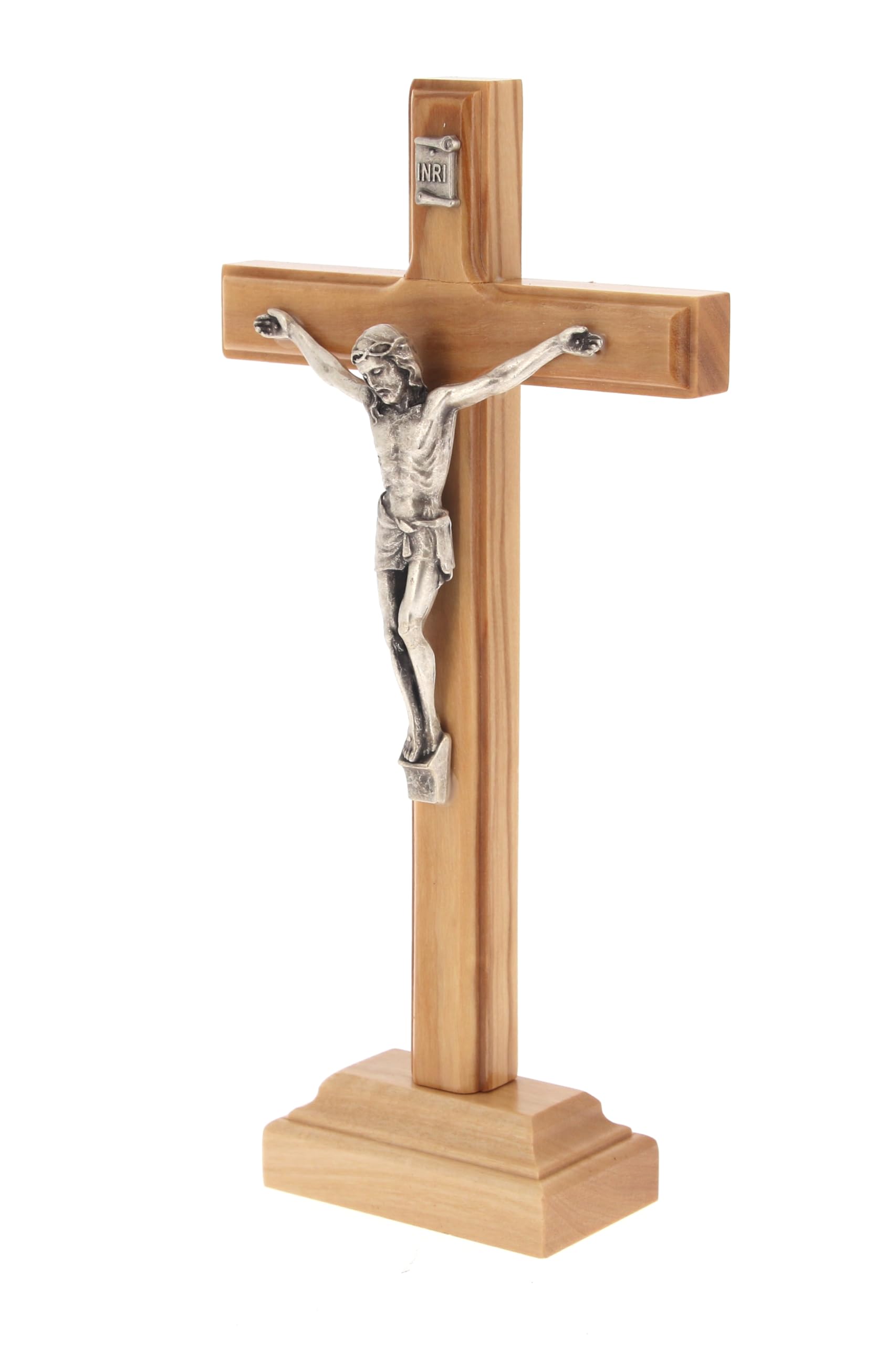 SHALOM - Crocifisso in Legno D'ulivo E Corpo in Metallo con Base. Altezza 18,5 Cm