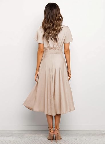 Miniatura 6 de miduo - Vestido largo de satén con cuello en V, volantes, manga corta, lazo frontal, cintura alta, longitud por debajo de la rodilla y acampanado